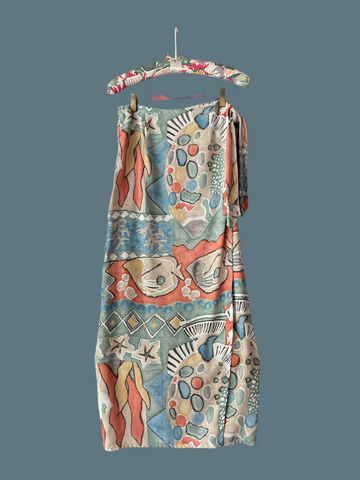 90s Vintage Abstract Ocean Print Tie  Casually Long Wrap Skirt M