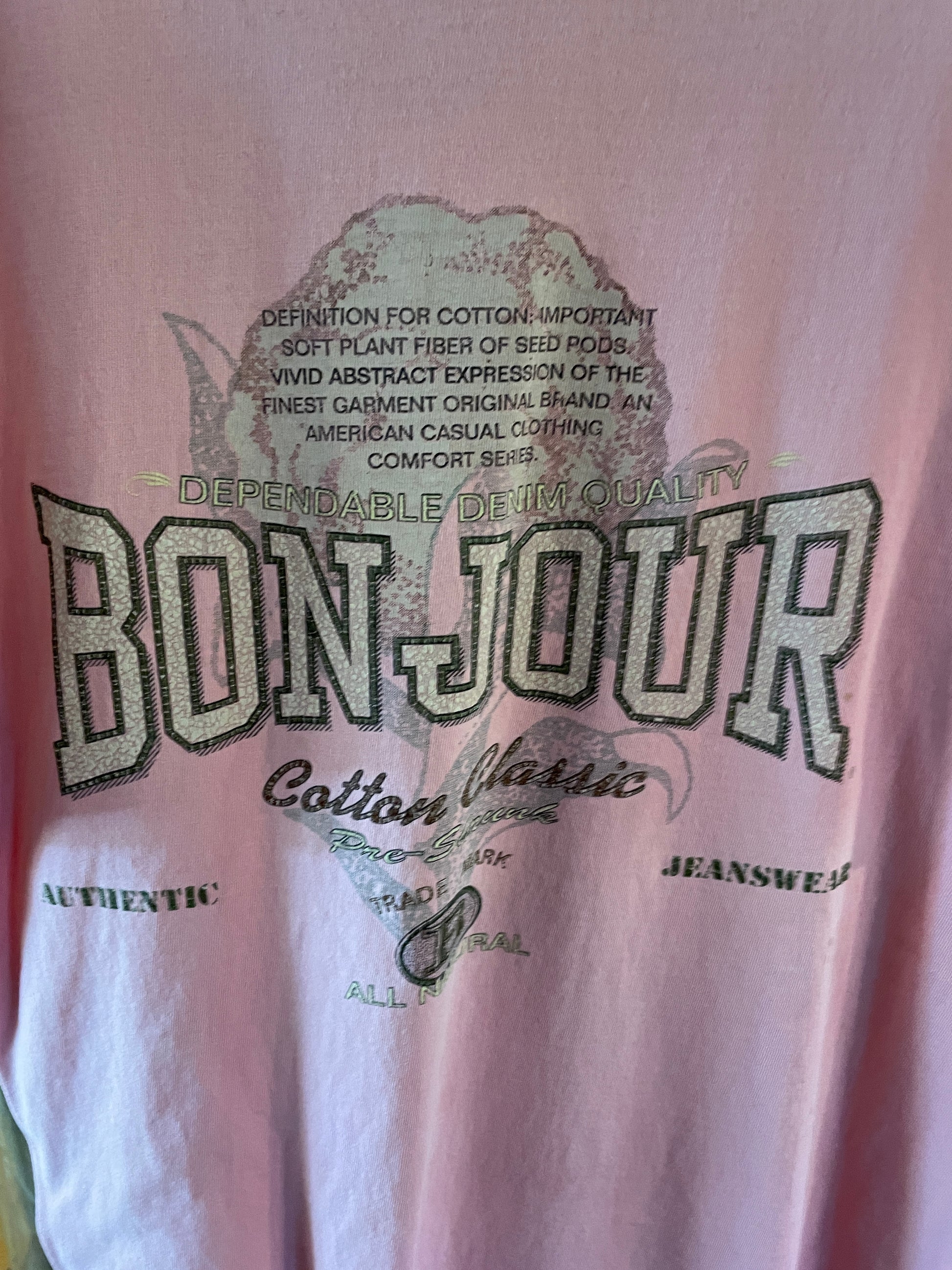  90s Bonjour 100% Cotton Free Size Pink T Shirt Top X/L