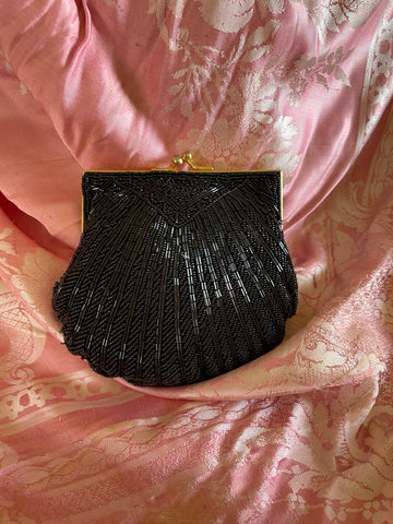 Vintage Black Beaded Shell Design Clutch Crossbody Purse
