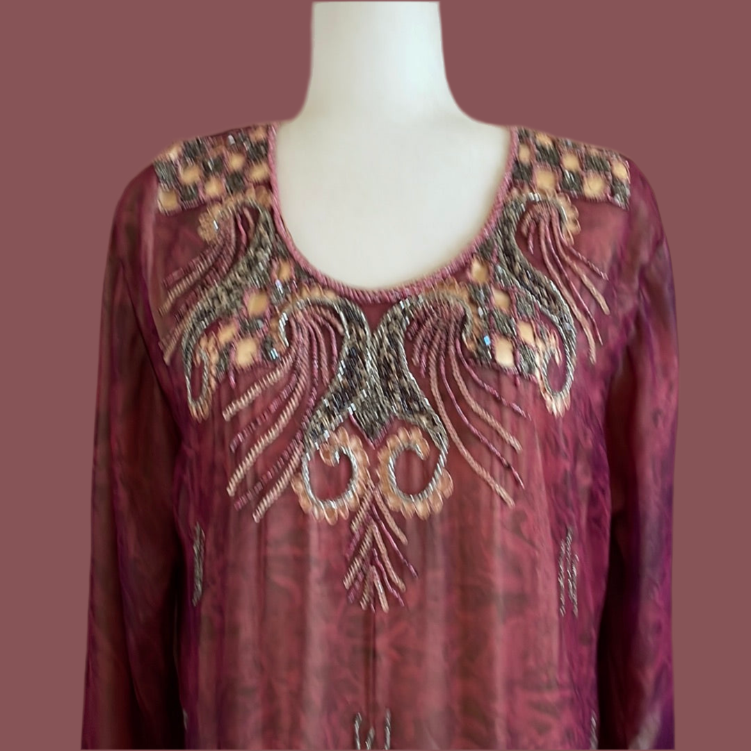Divine Handmade Sheer Burgundy Vintage Beaded Evening Dress or Hostess Caftan L