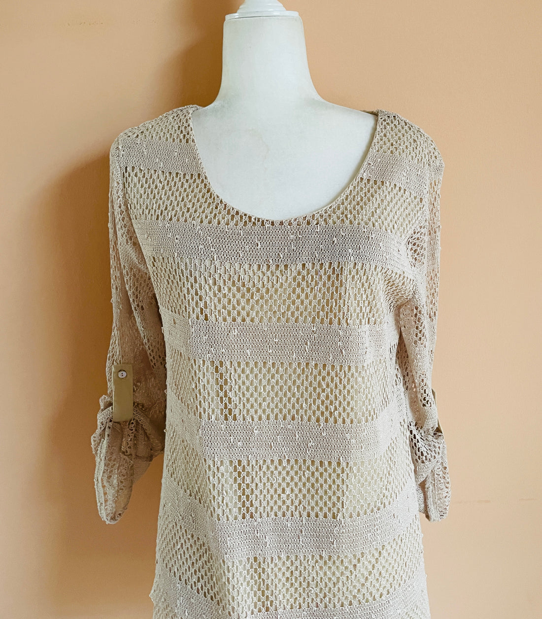 2000s Indigo Soul Beige Linen & Lace Roll Back Button Sleeve Top L