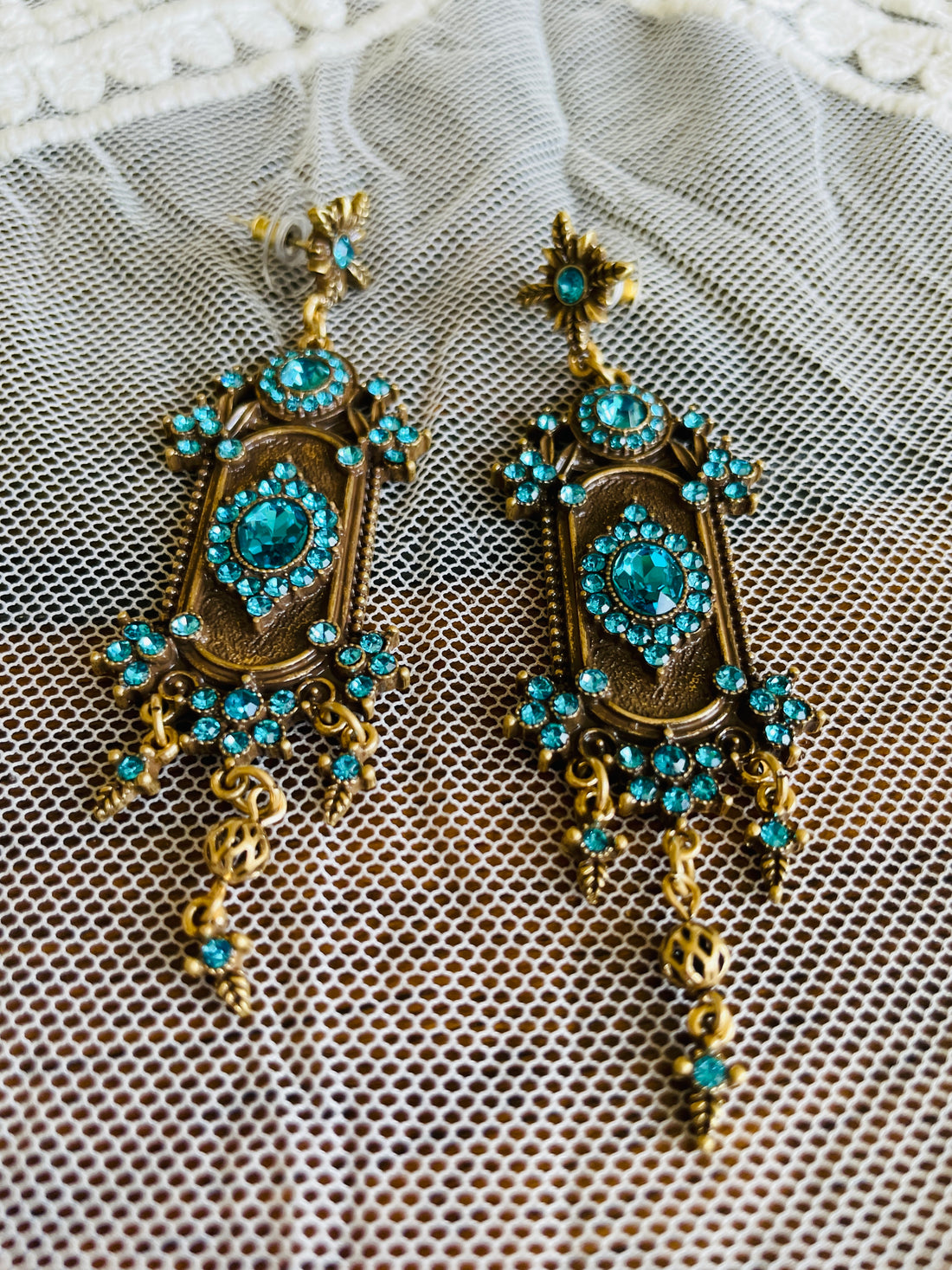 2000s Gold Tone Victorian Style Blue Rhinestone Glam Pierced Earrings