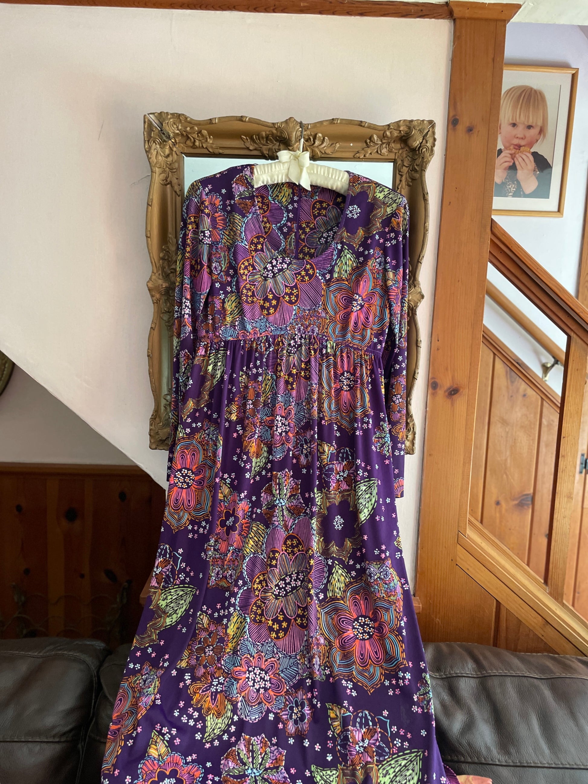  70s Vintage Handmade Purple Floral Print Poly Empire Waist 20” Side Slits Back Zip Maxi Dress S