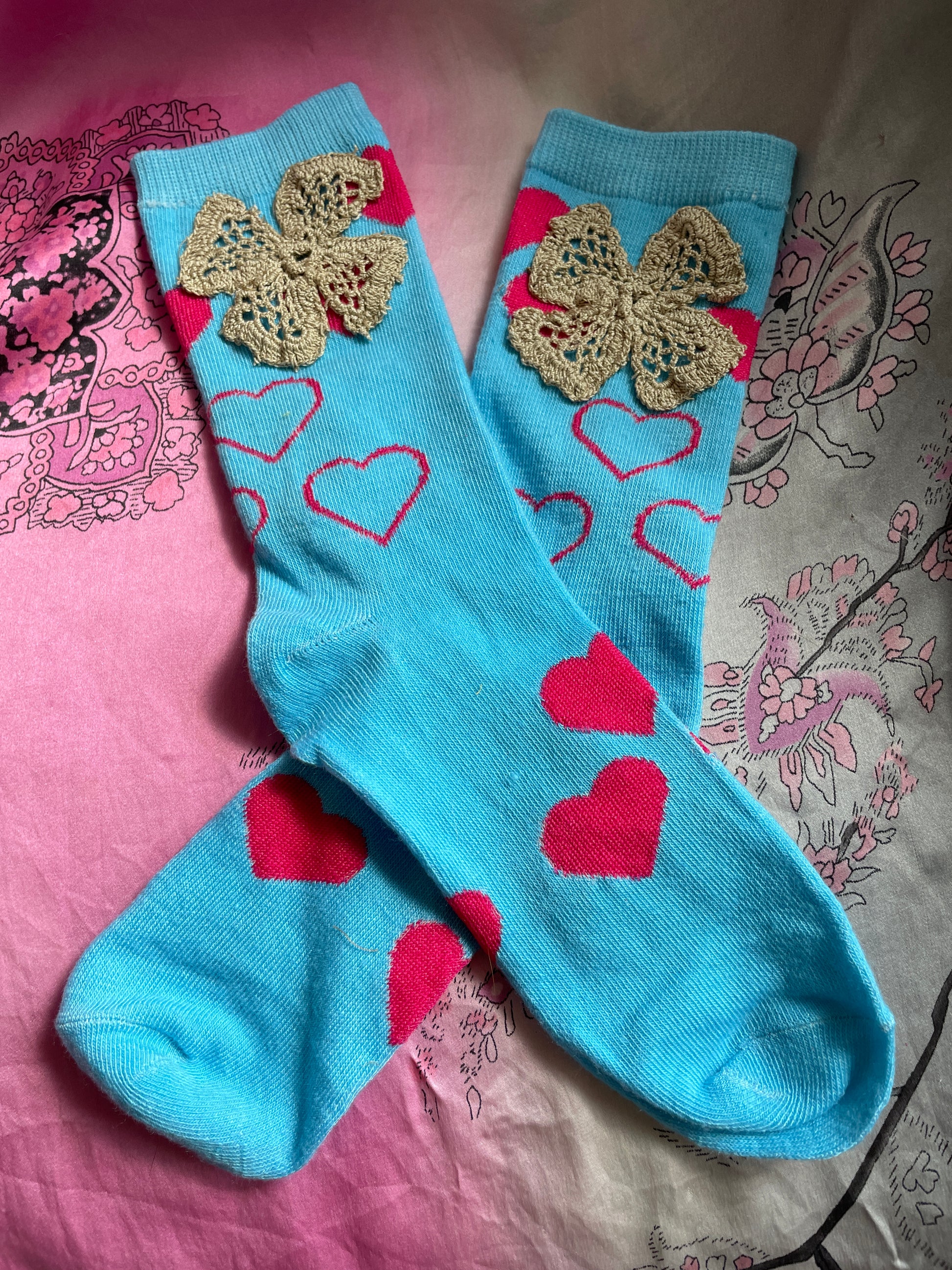Blue heart socks Blondes in Heaven Blue Crochet Flower Heart Socks