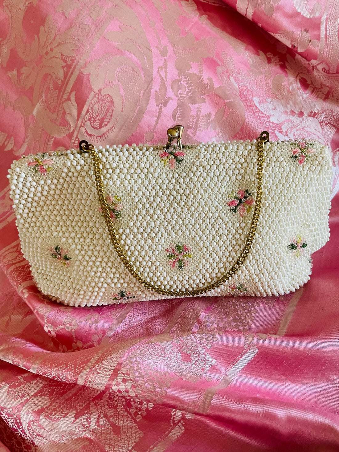 50s Vintage White Beaded Pink Floral Purse Handbag