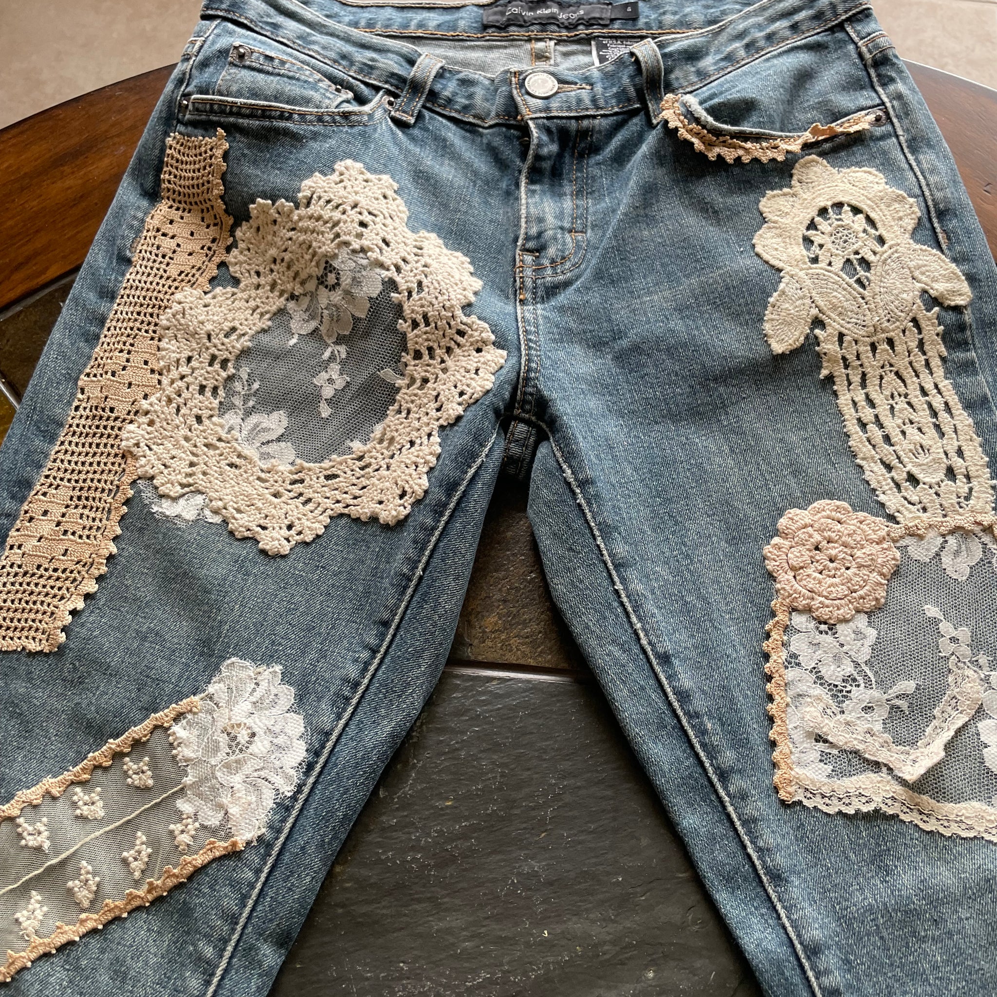 Revamped Calvin Klein Hand Sewn Lace Applique Jeans Sm