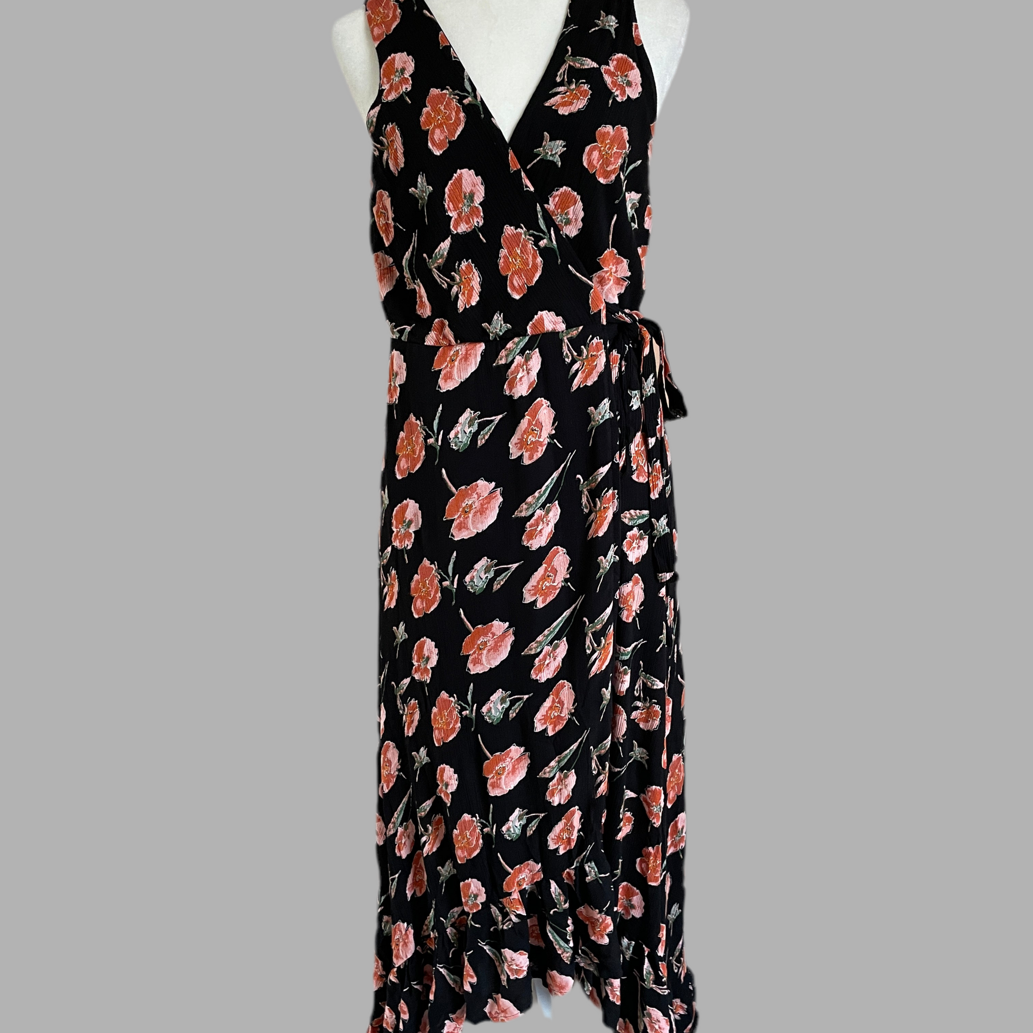 90s Vintage Floral Print Vintage Black Ruffled Wrap Sleeveless Dress M