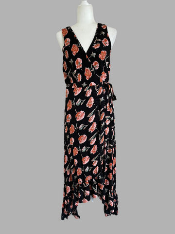 90s Vintage Floral Print Vintage Black Ruffled Wrap Sleeveless Dress M