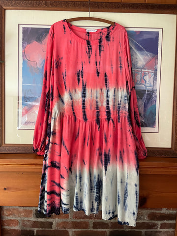 2000s Boho Red Abstract Tye Dye  Loose Fit Casual Dress M