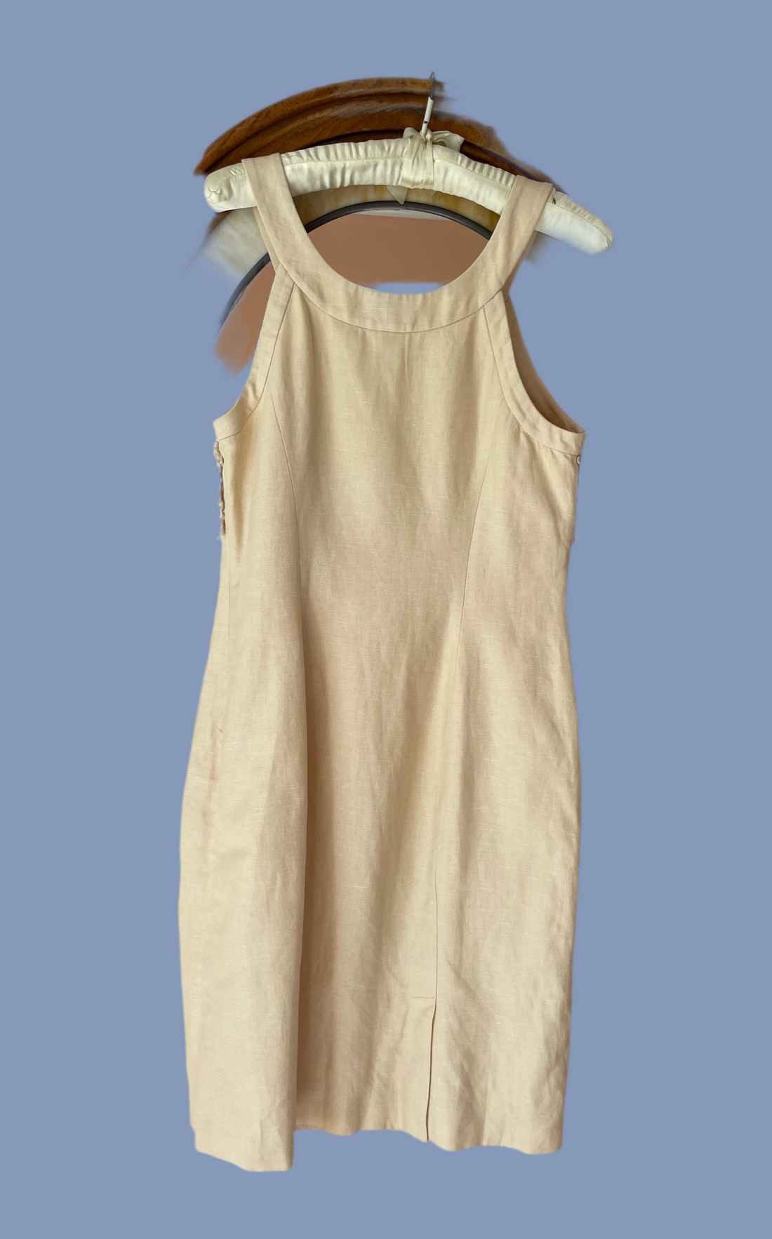 90s Vintage Beige Linen Cotton Blend Flower Crochet Bodice Sleeveless Lined Dress S