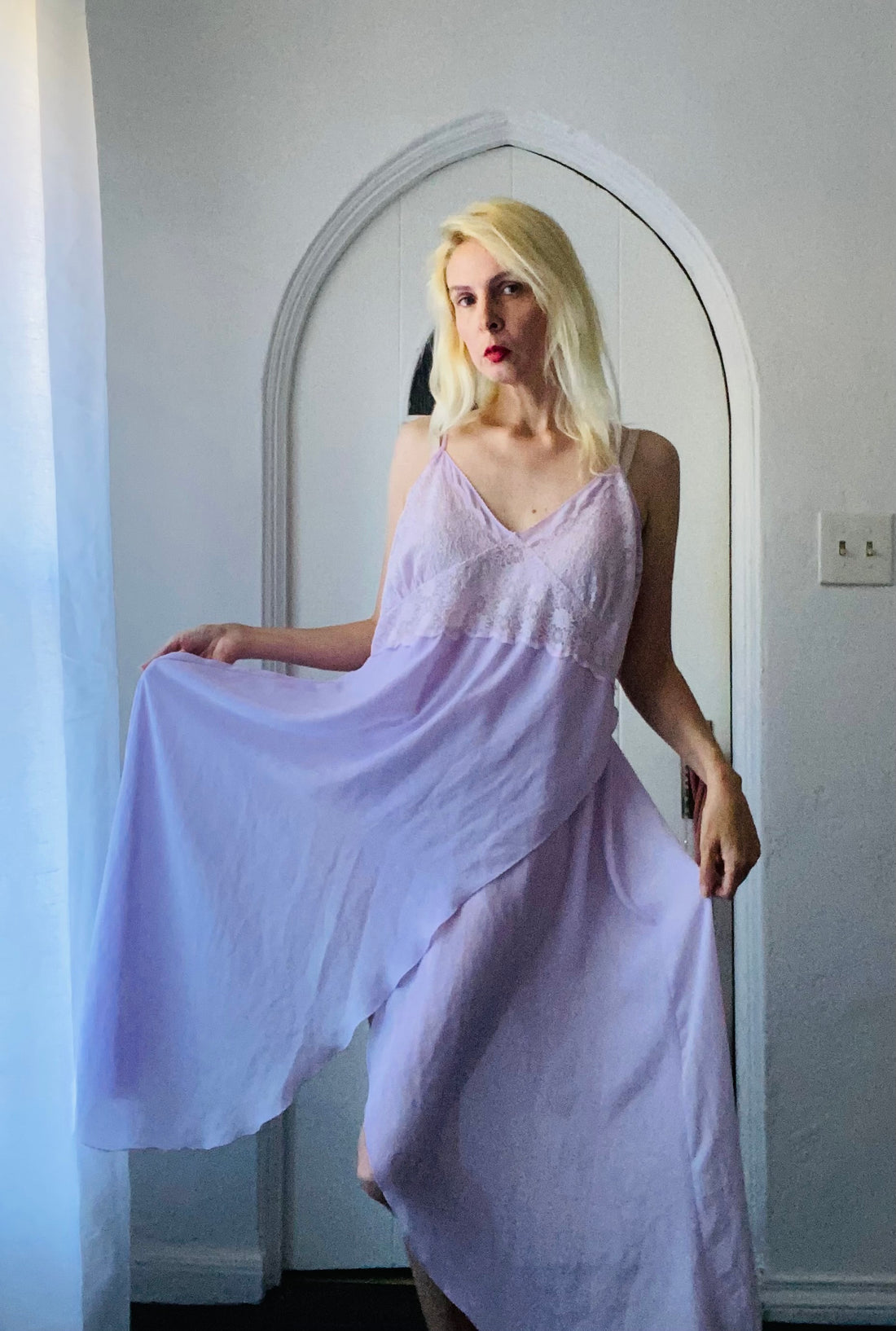 90s Vintage Sheer Lavender Lace Romantic Lingerie Gown L