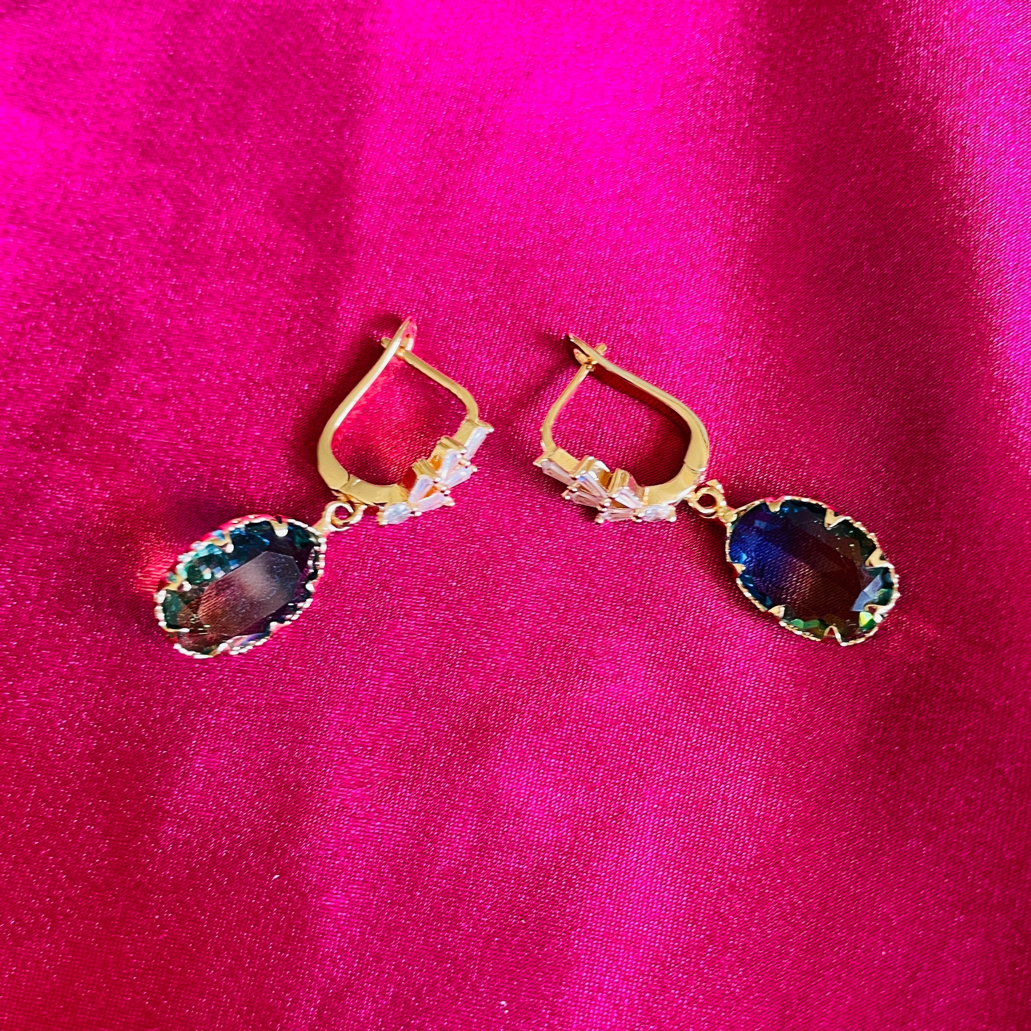 Gold Plated Teal Glass Zirconia Pretty Drop Pierced Earrings