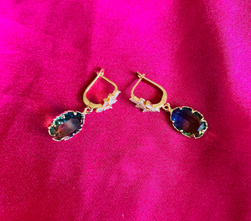 Gold Plated Teal Glass Zirconia Pretty Drop Pierced Earrings