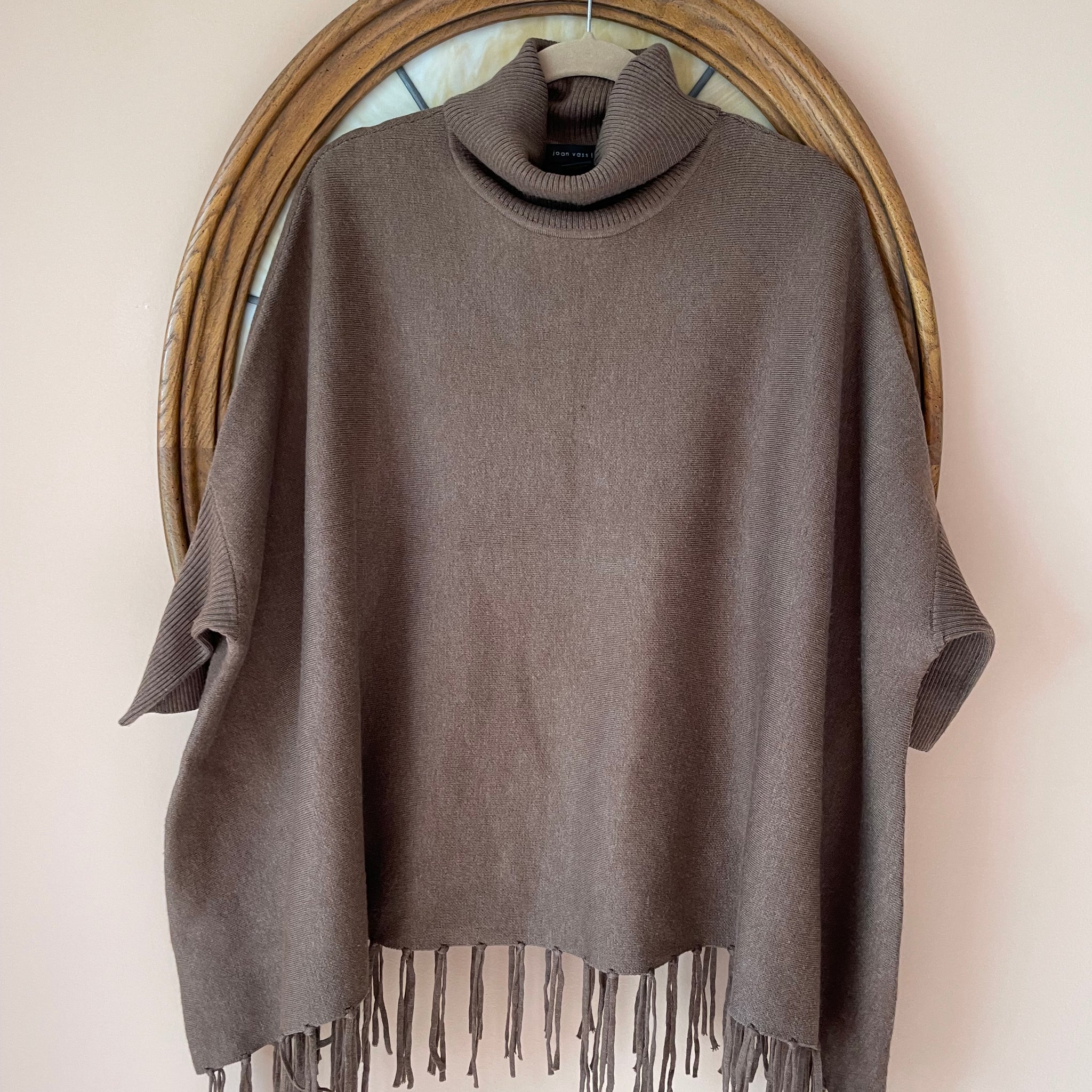 Vintage Joan Vass Brown Fringed Turtleneck Sweater Poncho Lg/XL