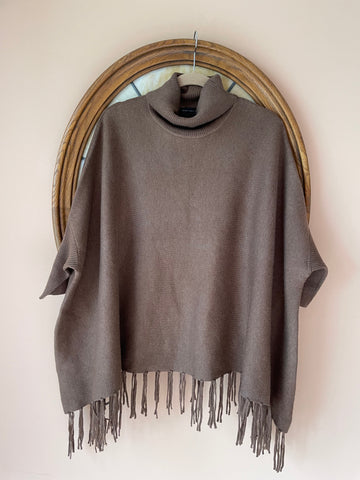 Vintage Joan Vass Brown Fringed Turtleneck Sweater Poncho Lg/XL