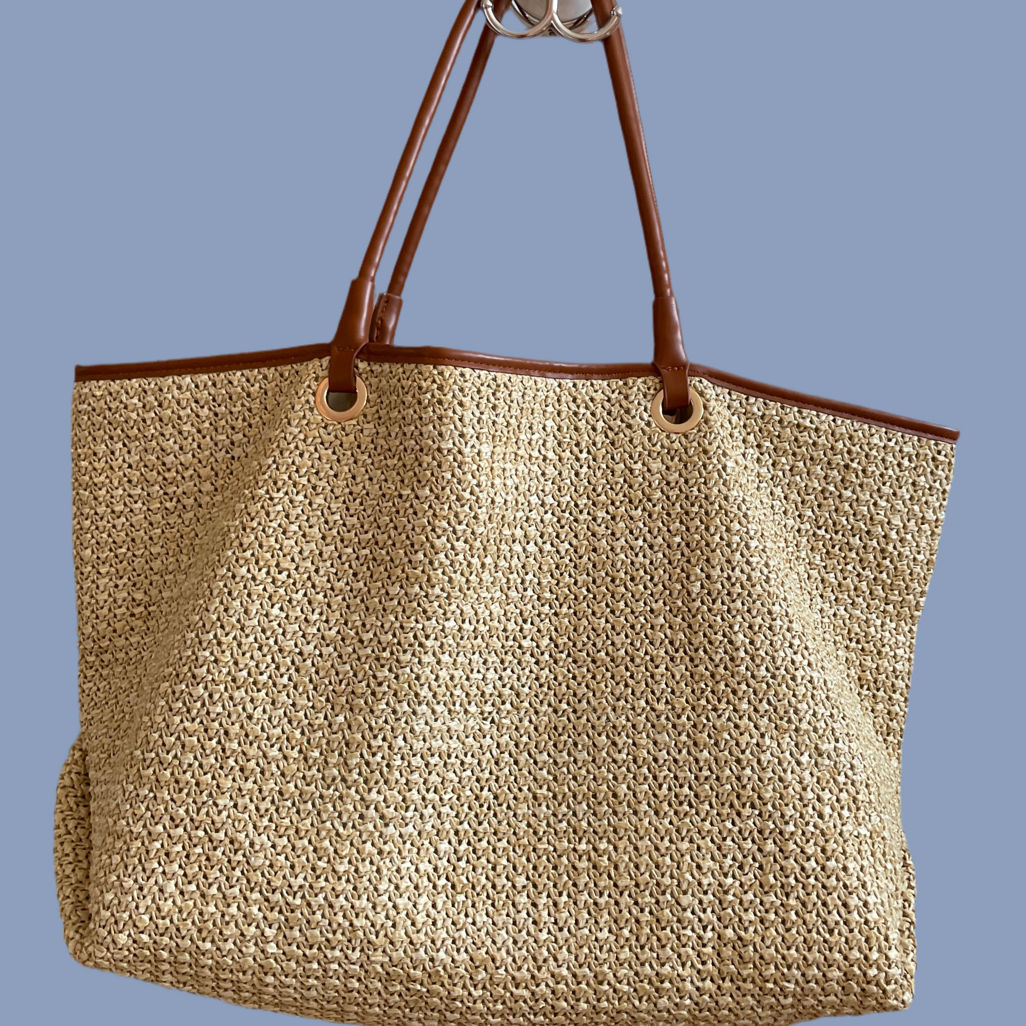 2000s Beige Woven Straw Like Lined 2 Pockets Large Satchel Shopping Beach Bag