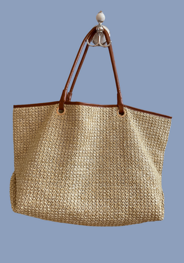 2000s Beige Woven Straw Like Lined 2 Pockets Large Satchel Shopping Beach Bag