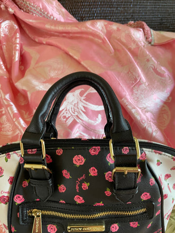 Juicy Couture Black Rose Floral Design Faux Leather Handbag