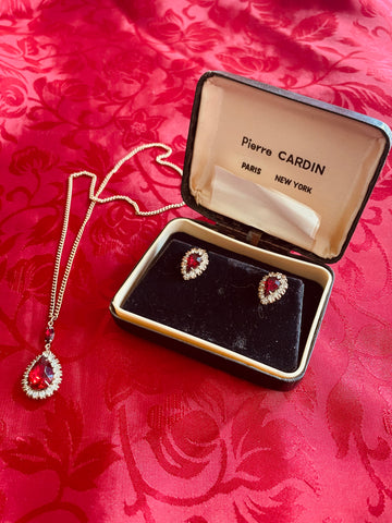 Vintage Pierre Cardin Red Glass Earring Pendant Necklace Set