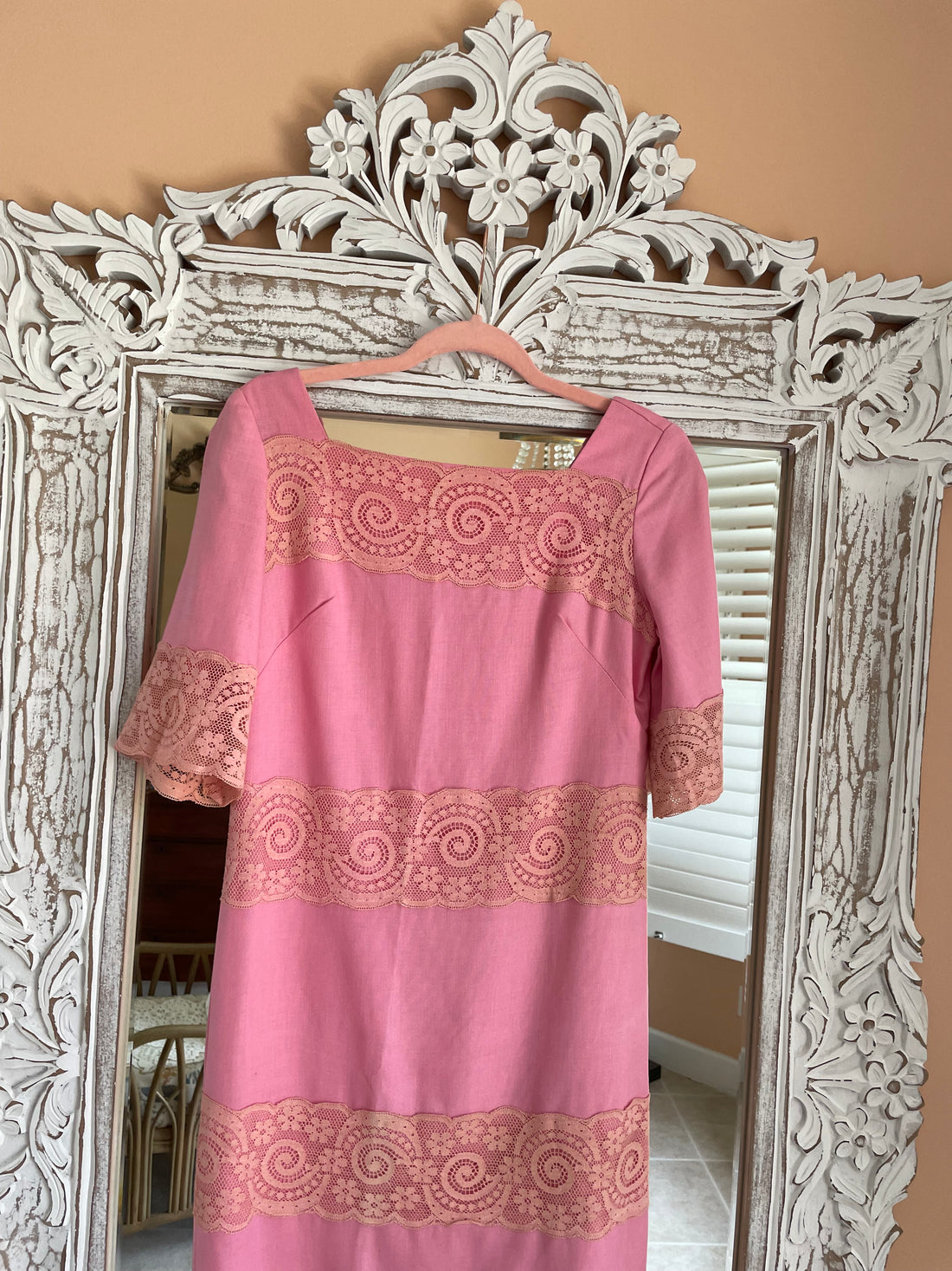 Handmade Pink Linen Lace Panels Bell Sleeve Dress S
