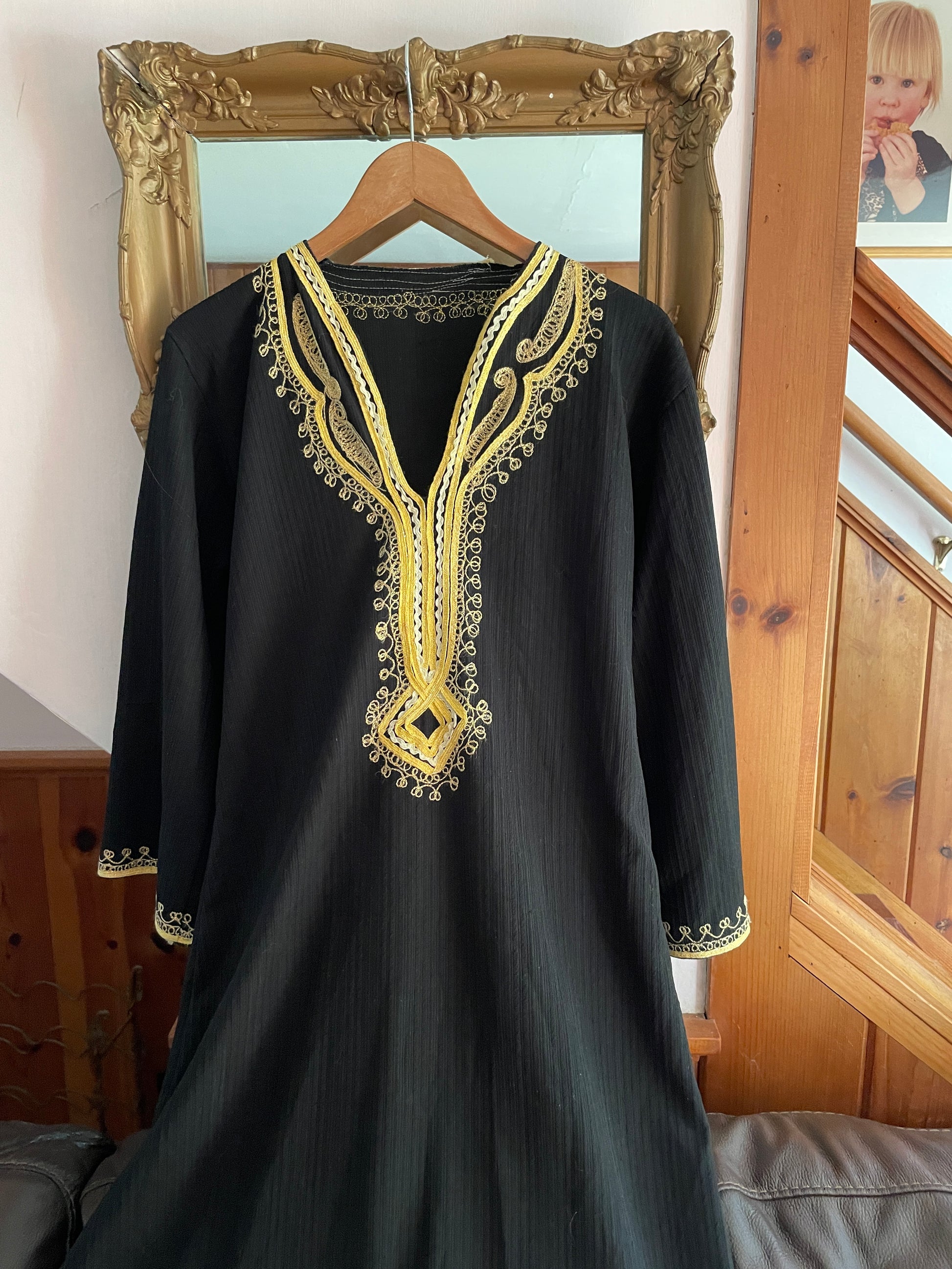  80s Vintage Black Cotton Gold  Braided Trim Side Slits Boho Long Lounge Caftan M