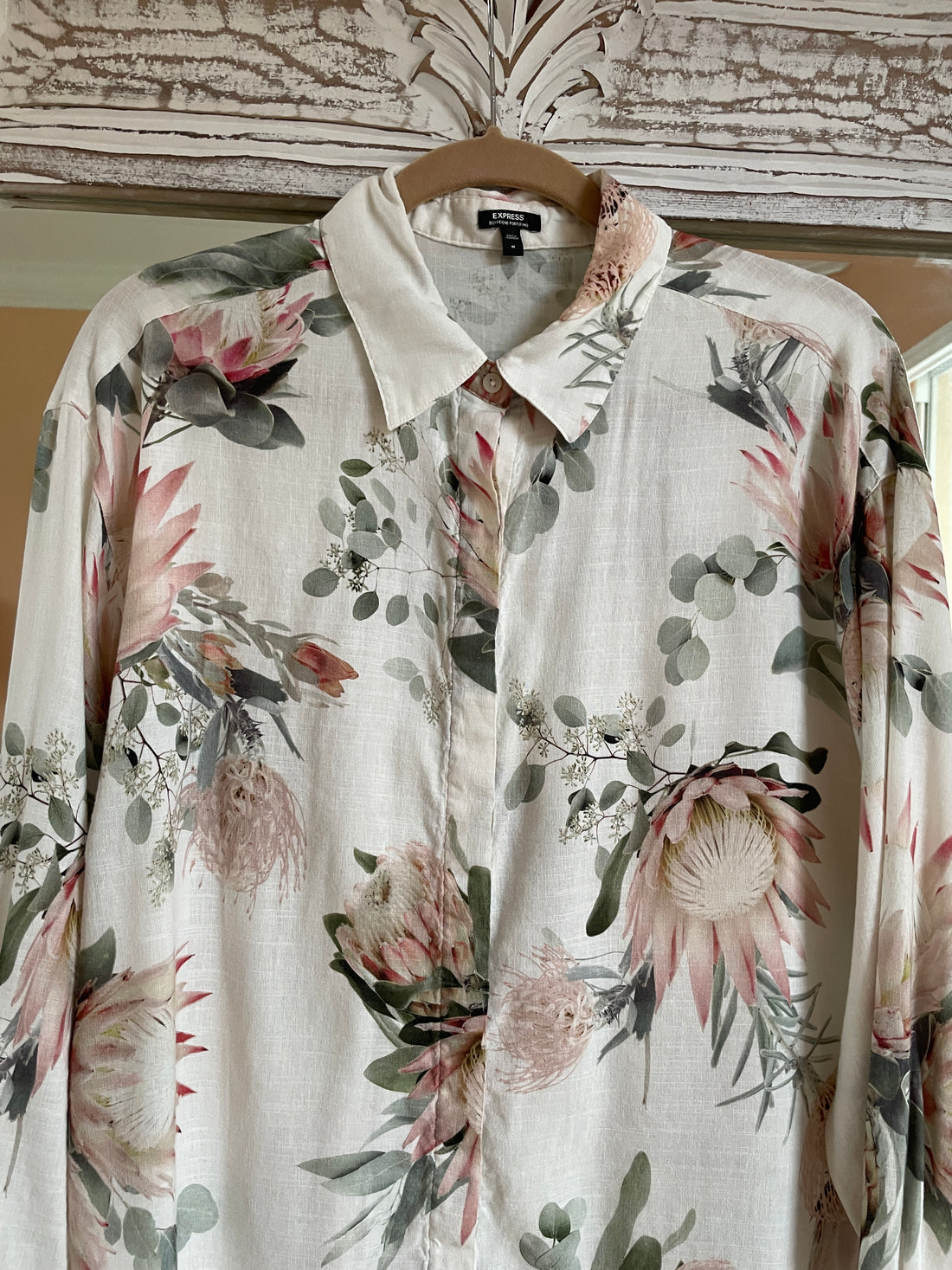 90s Vintage Floral Print Linen Cotton Rayon Blend Button Down Blouse Top M/L
