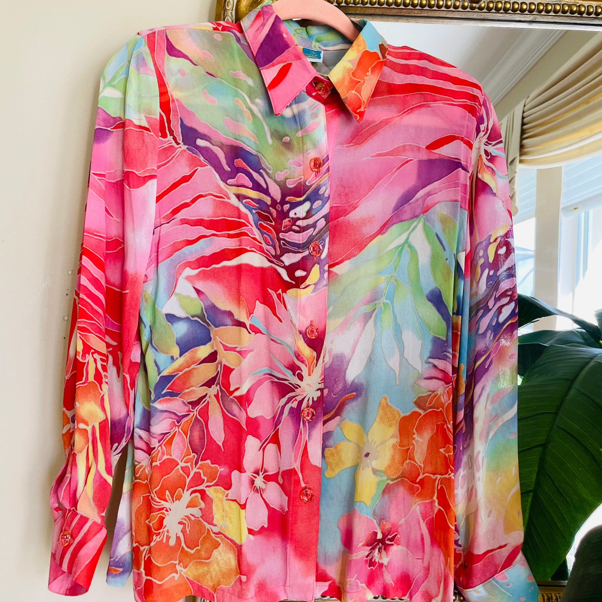Vintage 80/90s Tropical Floral Semi Sheer Rayon Blouse M