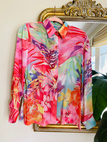 Vintage 80/90s Tropical Floral Semi Sheer Rayon Blouse M