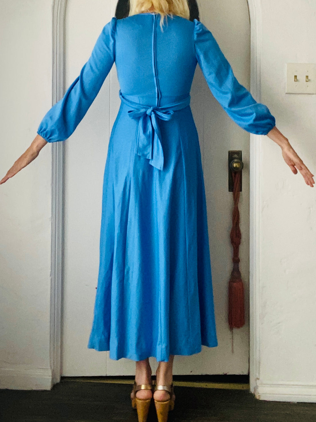 70s Vintage Blue Poly High Waist Back Tie Zip Closure Maxi Dress X/S