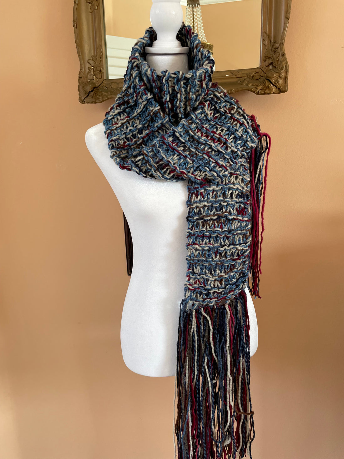 One of a Kind Hand Knit Acrylic Extra Long Fringed Winter Scarf