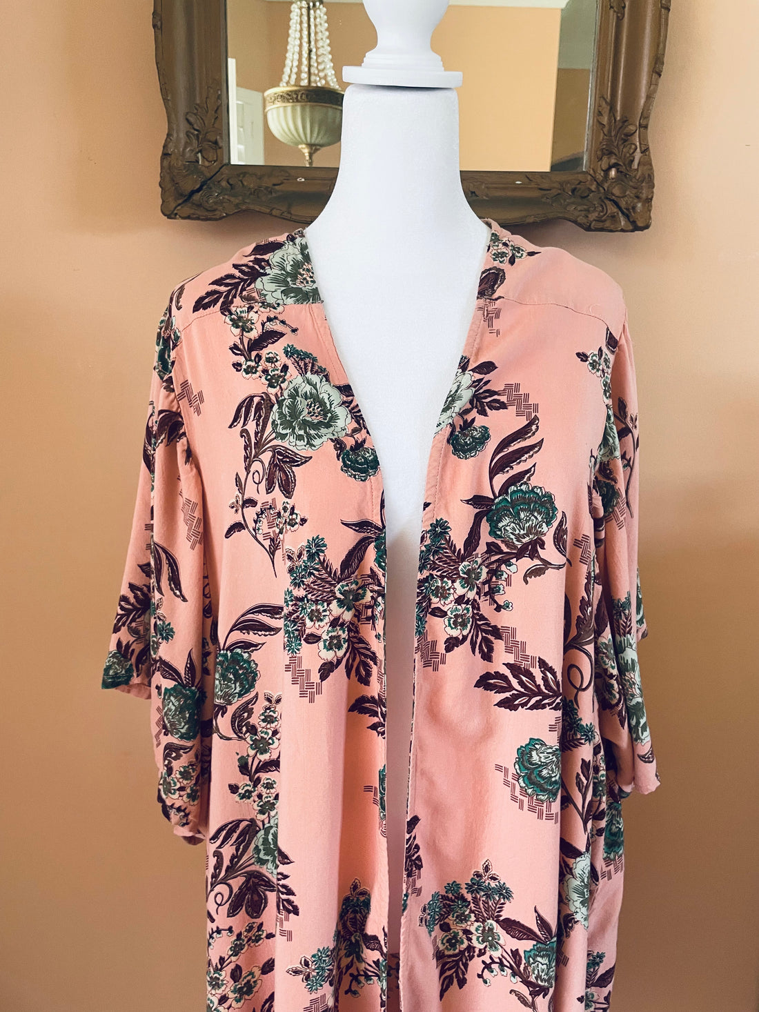 2000s Angie Floral Rayon Open Front Kimono Robe Duster Jacket Plus Size