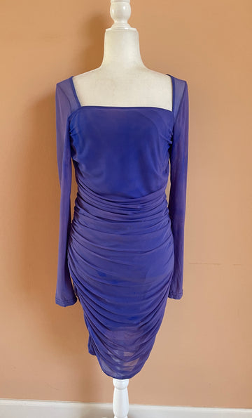 2000s Purple Space Age Ruched Sheer Sleeve Bodycon Dress M