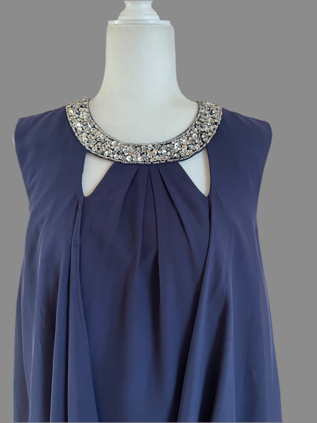 80s Vintage Dark Blue Draped Loose Fit Designer Cocktail Dress M