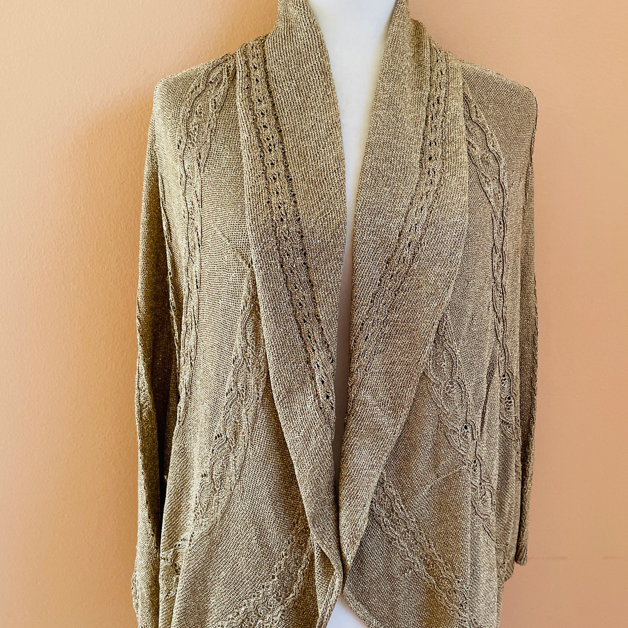 2000s Poly Rayon Shimmering Gold Open Front Cardigan Sweater 1X