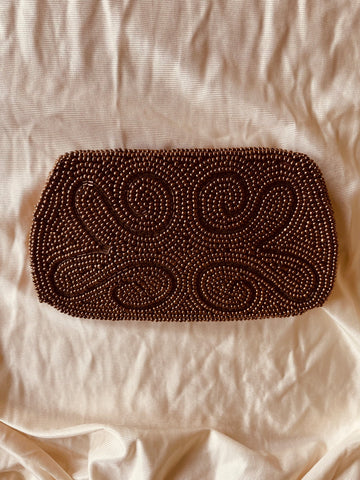 Bronze Tone Beaded Lined Zip Closure Clutch Purse
