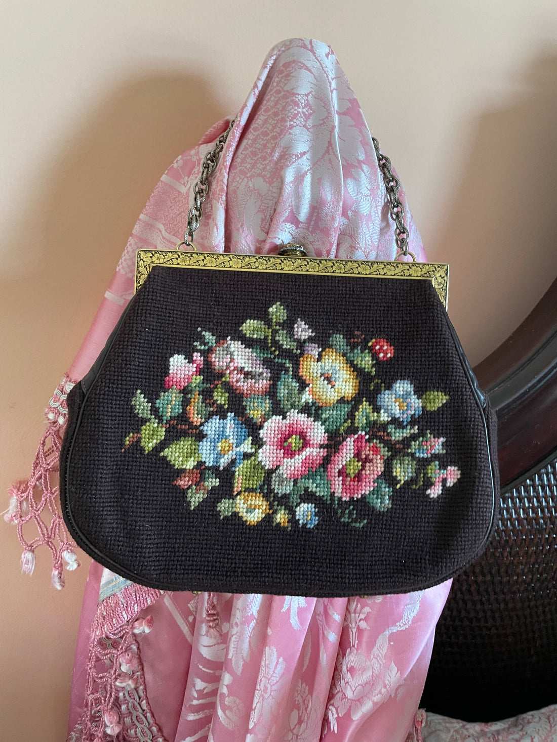 1940s Dark Brown Floral Needlepoint Tapestry Purse.