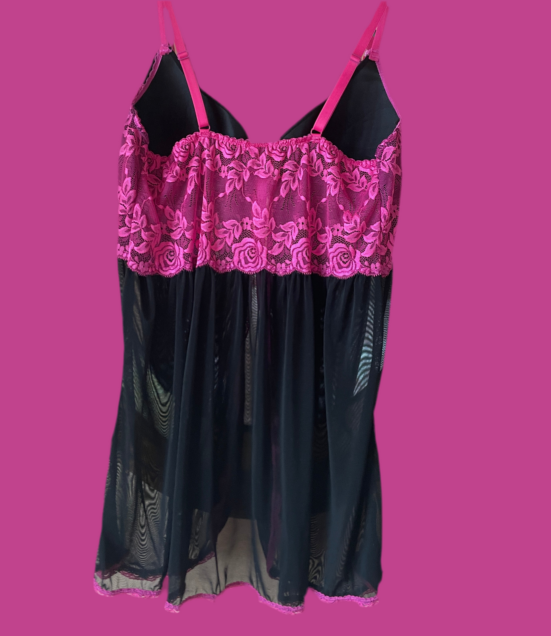 2000s Black Pink Lace Ribbon Bow Lingerie Sleepwear. 2X