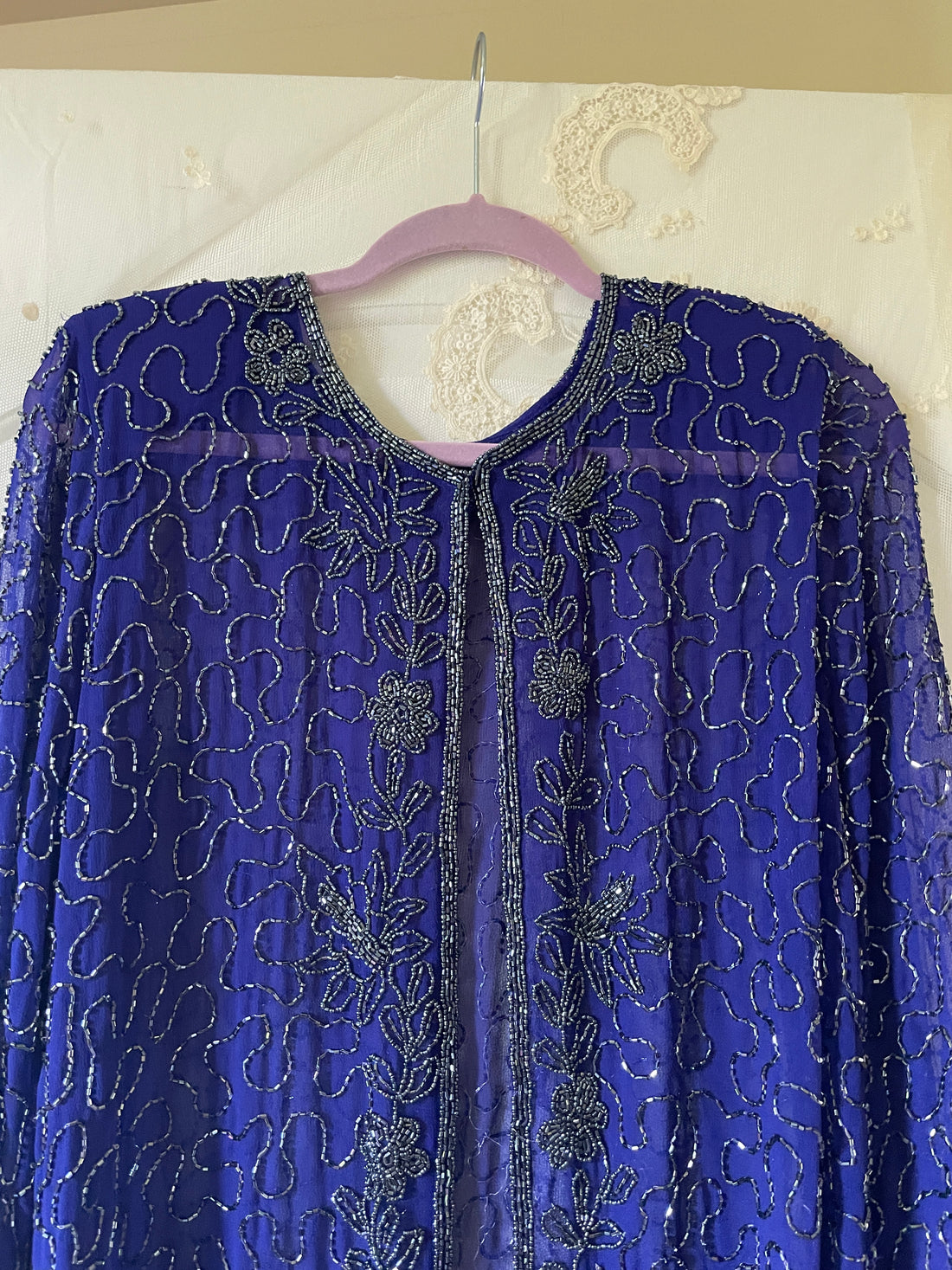 80s Vintage Blue Hand Beaded Silk Glittering Floral Design Open Front Glam Jacket Top M