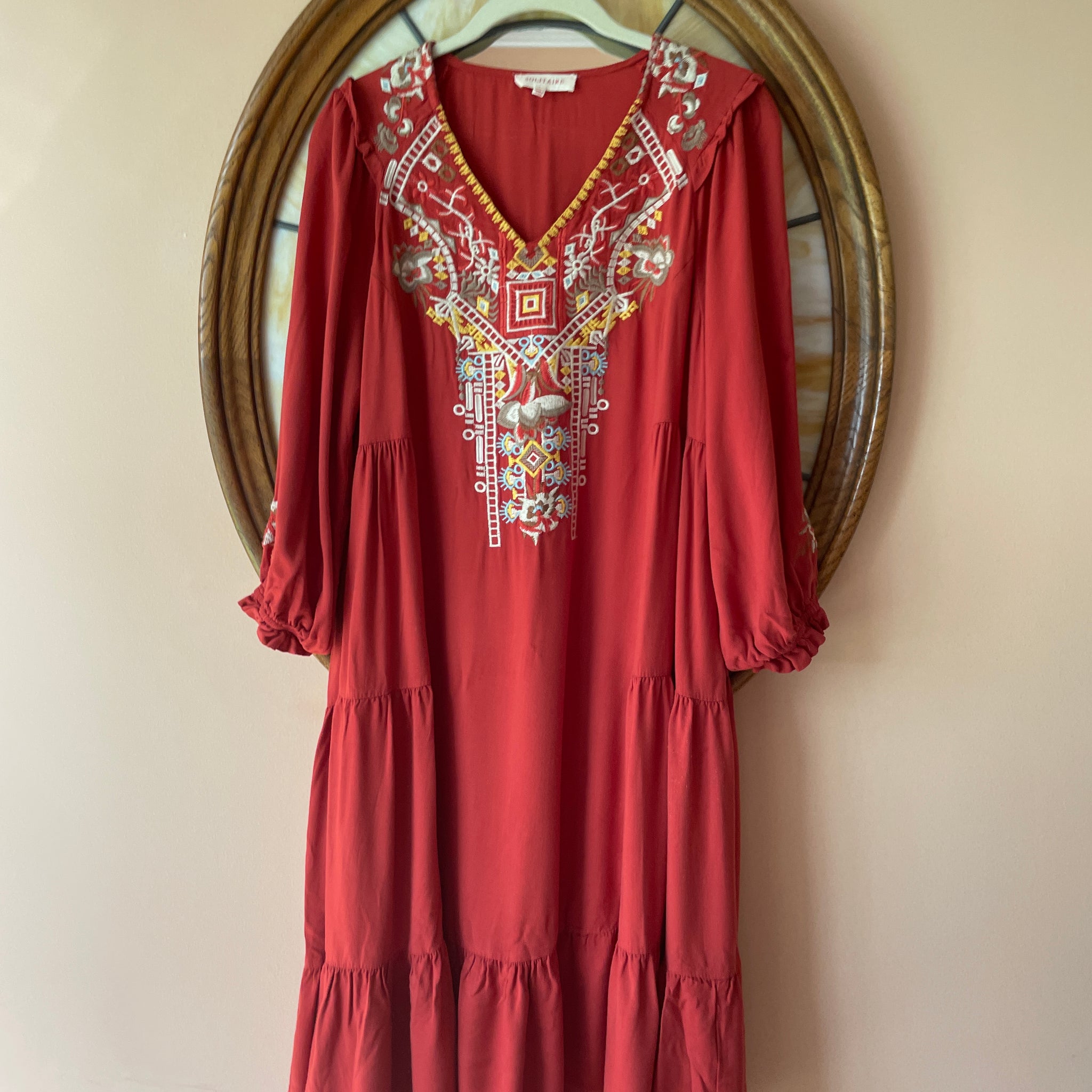 2000s 100% Soft Rayon Embroidered Rust Ruffled Casual Boho Midi Dress L