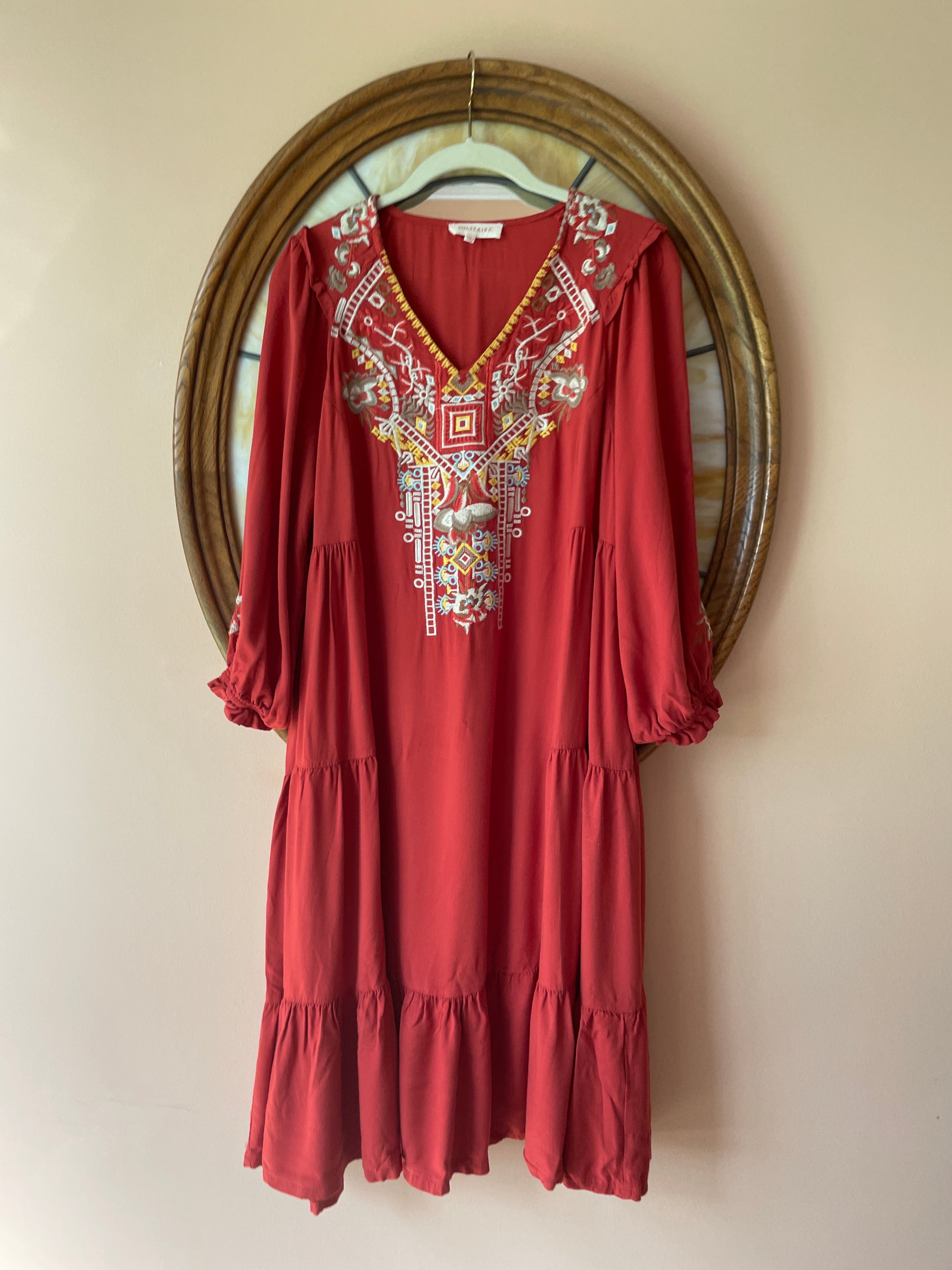  2000s 100% Soft Rayon Embroidered Rust Ruffled Casual Boho Midi Dress L