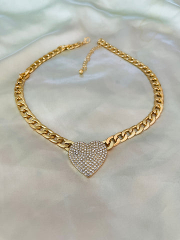 2000s Gold Plated Shimmering Rhinestone Choker Heart Necklace