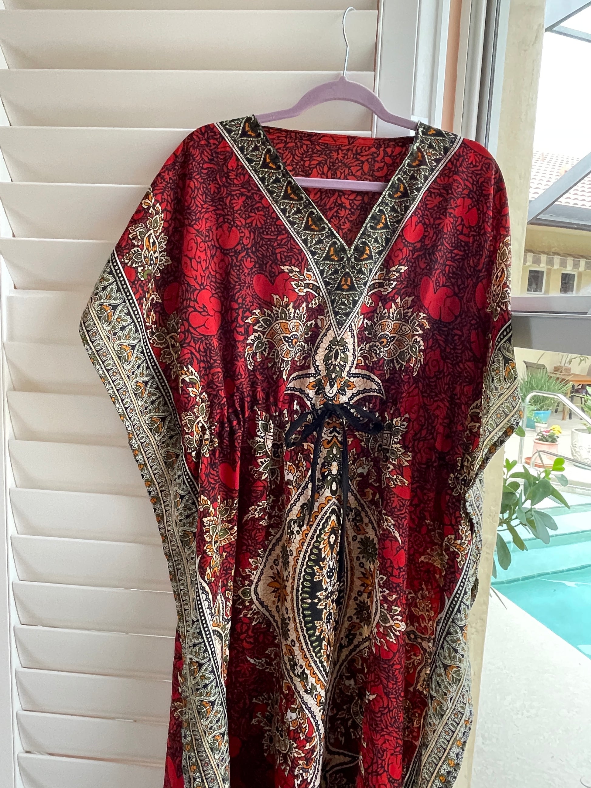  By the Pool 2000s Boho Casual Red Print Lounge Caftan free size