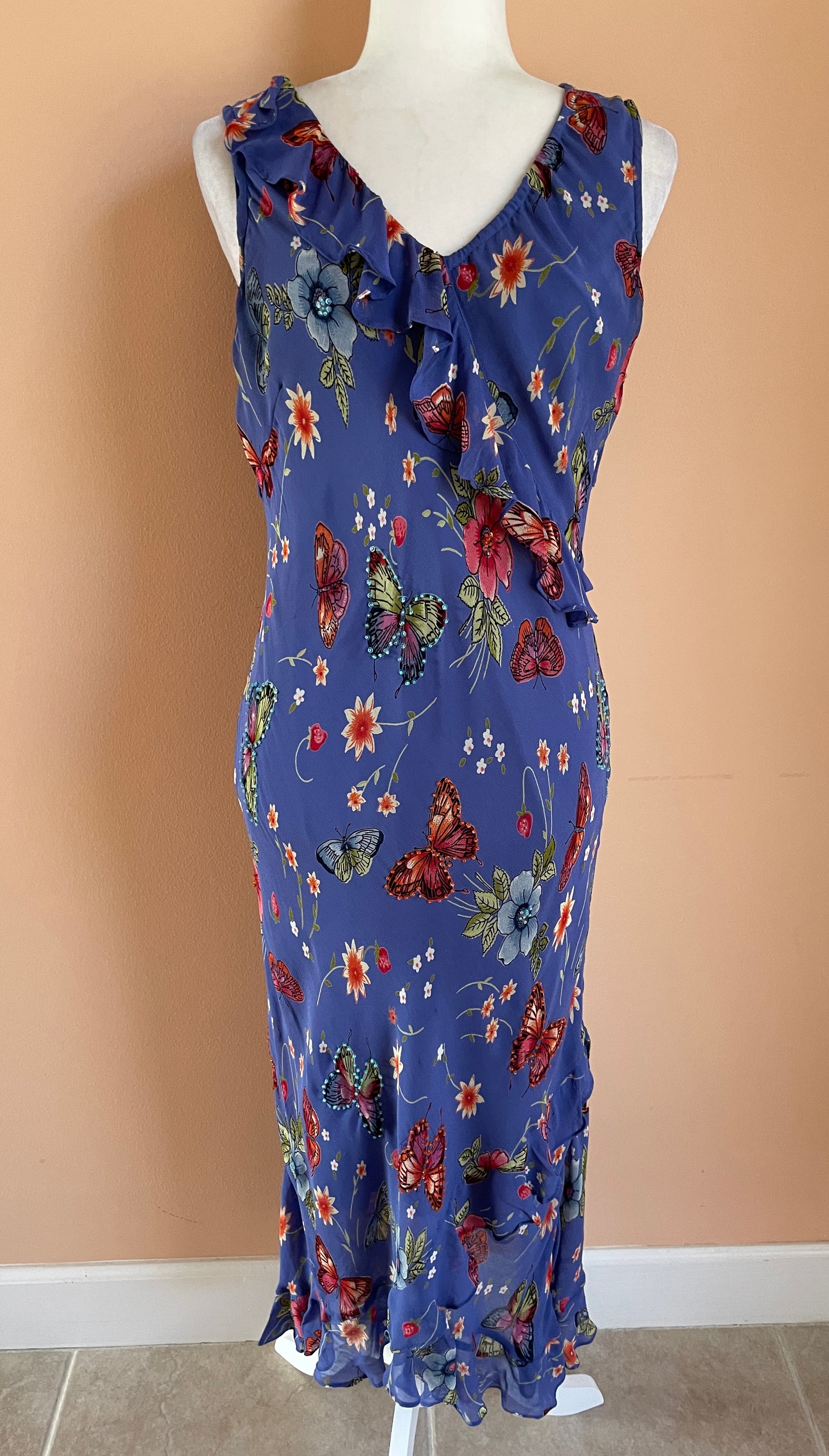 Vintage 90s Butterfly print dress Vintage 90s Lola P Blue Beaded Butterfly Floral Print Summer Garden Party Silk Rayon Blend Ruffle Sleeveless Long Draped Bodycon Dress M