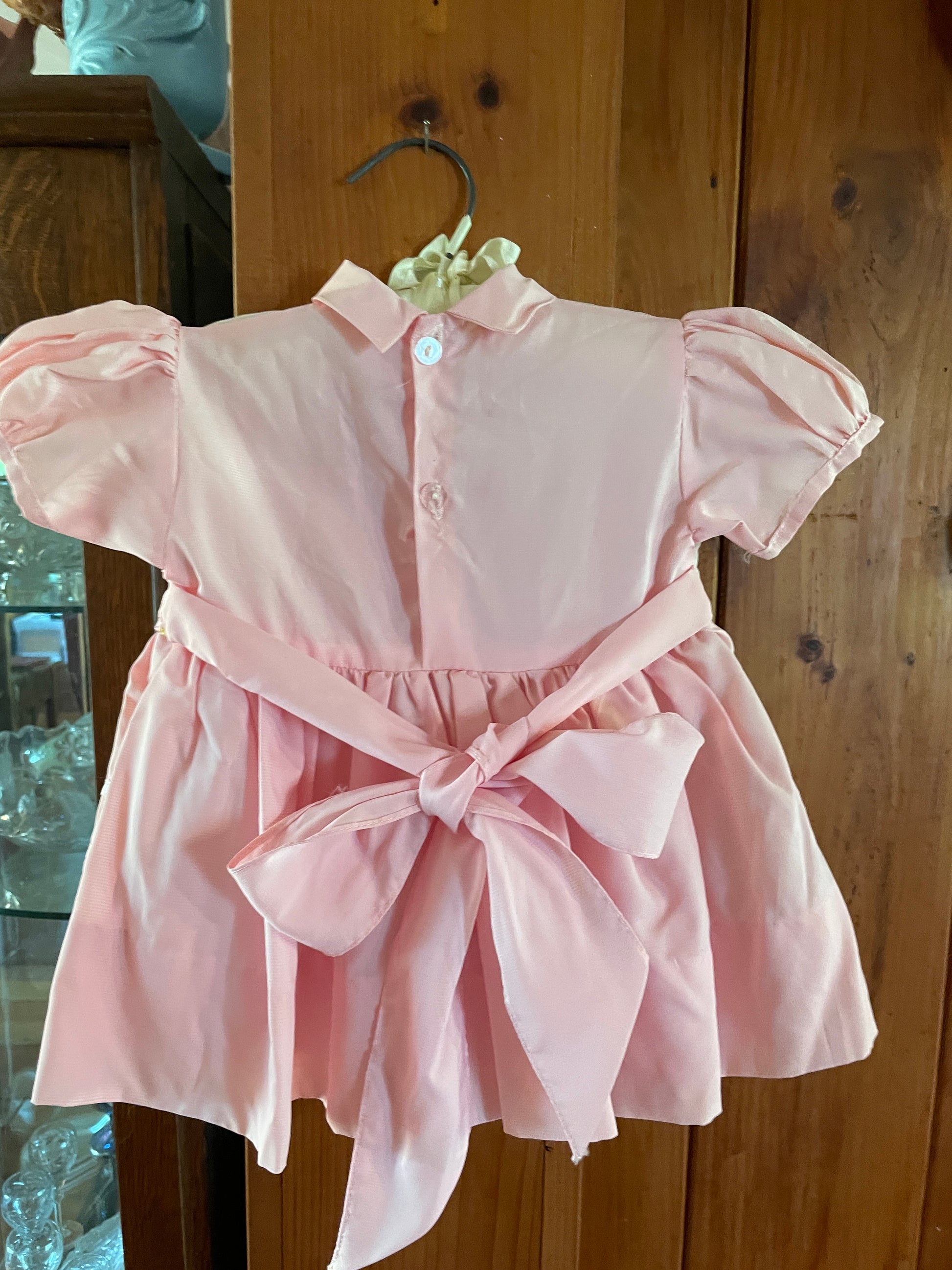  Vintage 90s Pretty Pink Cotton Lace Ribbon & Bows Floral Embroidery Sweet Baby Dress Size 1