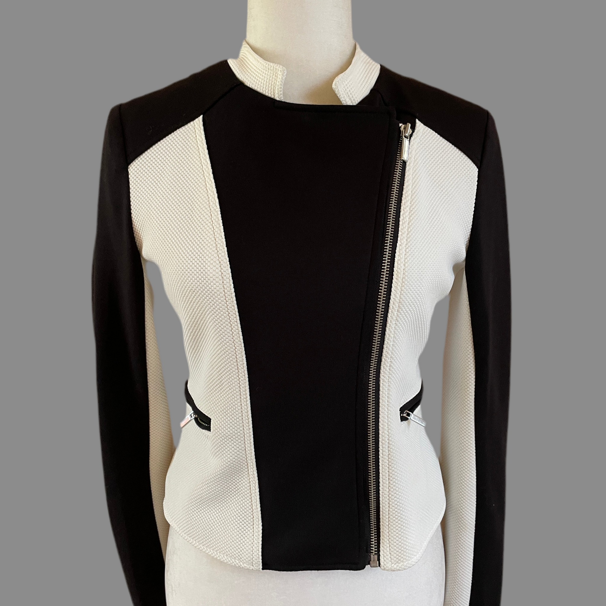 2000s Black White Poly Lined Zip Pockets Zip Front Stylish Jacket X/S