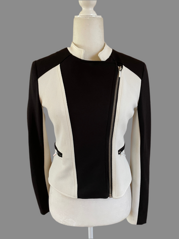 2000s Black White Poly Lined Zip Pockets Zip Front Stylish Jacket X/S