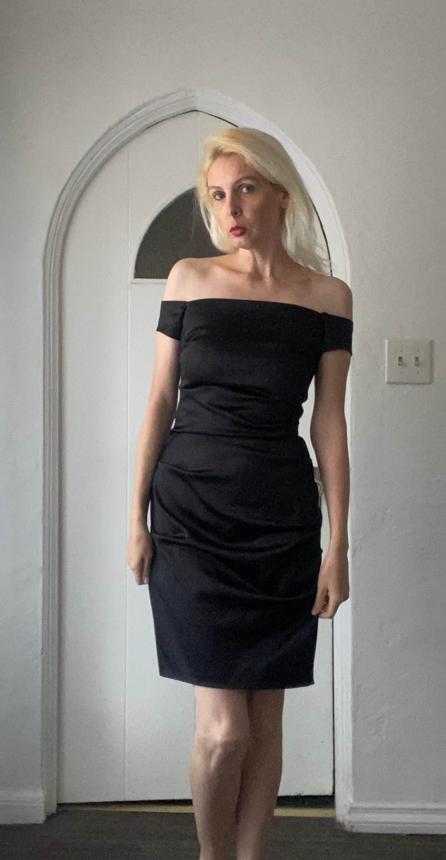 90s Vintage Betsey Adams Black Off Shoulder Knee Length Cocktail Wiggl – BlondesInHeaven