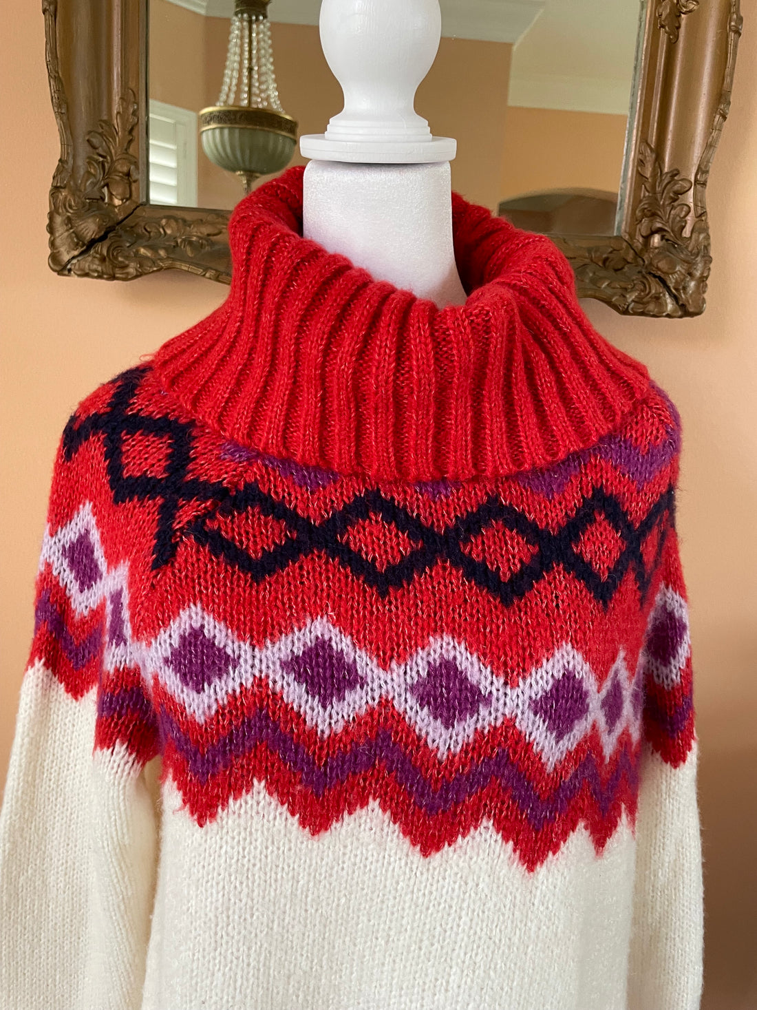 Cozy Winter Knit Sweater Red White Turtleneck Lg