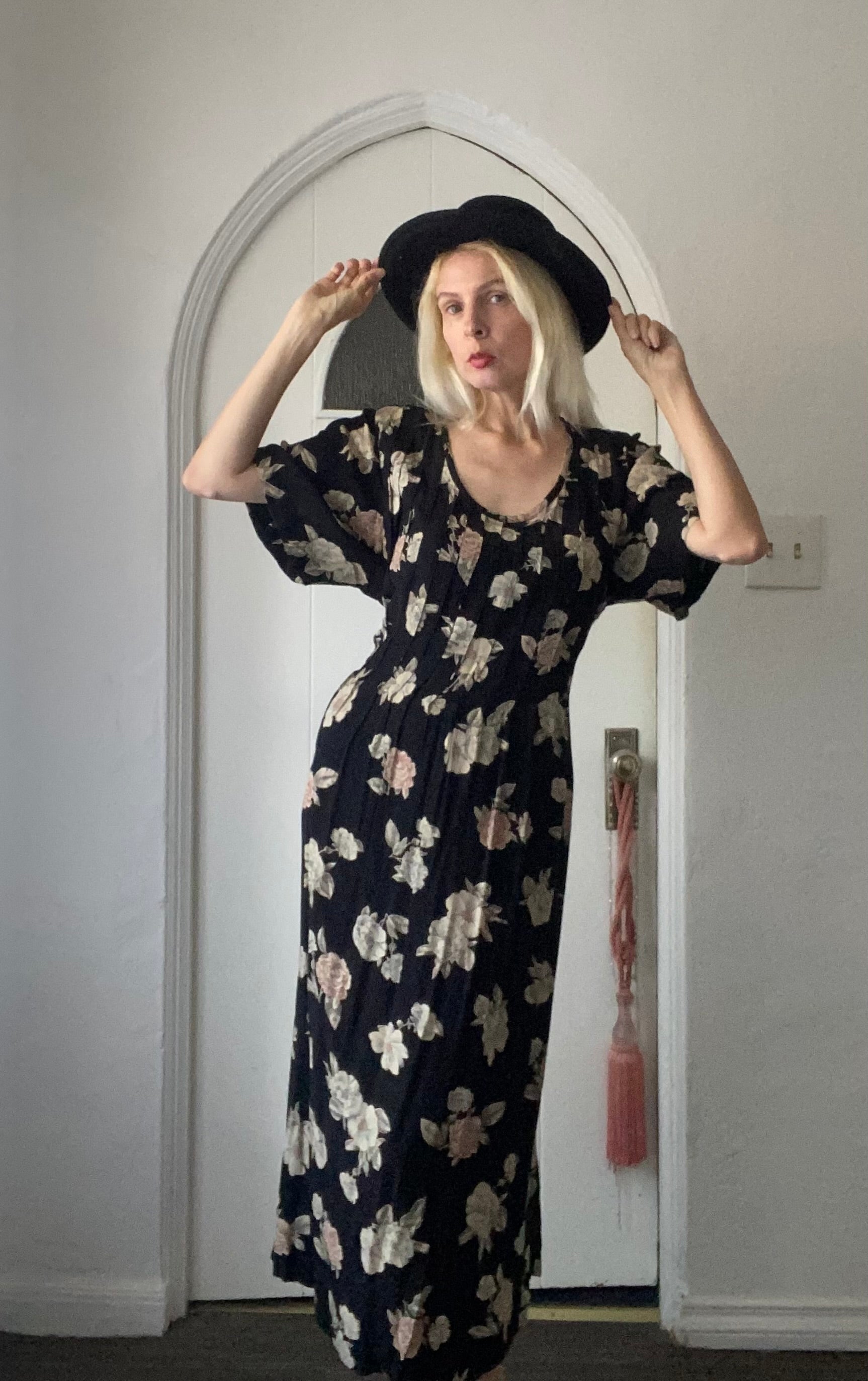  90s Vintage Black Rays Floral Print Tie Belt Long Dress X/L