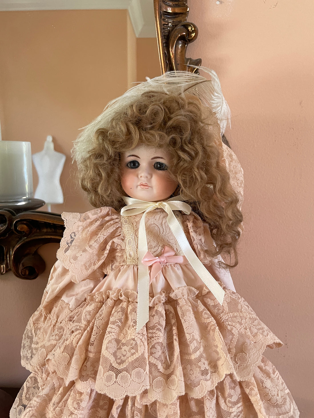 60s Vintage Rare Brown Curly Hair Glass Eyes Handmade Lace Dress Porcelain Doll